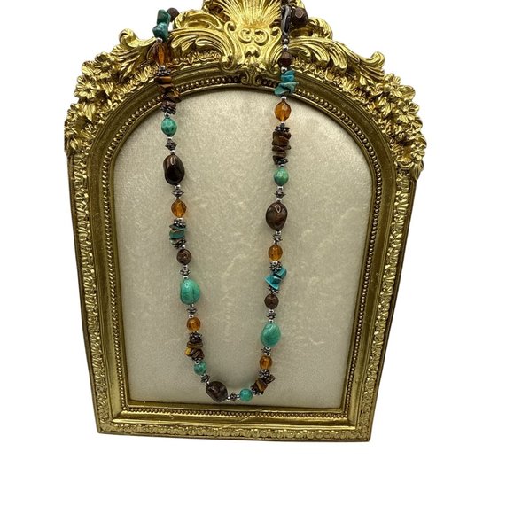 Chicos Faux Turquoise Faux Amber Beaded Necklace - Picture 1 of 4